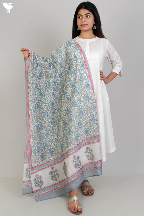Chanderi Silk Dupatta In Floral Block Print